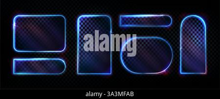 Neon light frames set with glowing blue borders on transparent background. Glass effect geometric shapes - rounded rectangle, circle with luminous edg Stock Vector