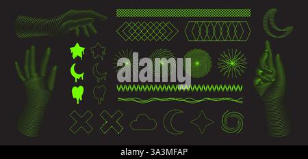 Y2k aesthetic element pack with neon green designs on black - contoured hands, melting shapes, spiral rays, wavy patterns and geometric grids, mesh mo Stock Vector