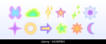 Colorful y2k shape collection with blurred neon aesthetic. Vibrant gradient symbols - stars and flowers, arrows and diamonds, crescents on light backg Stock Vector