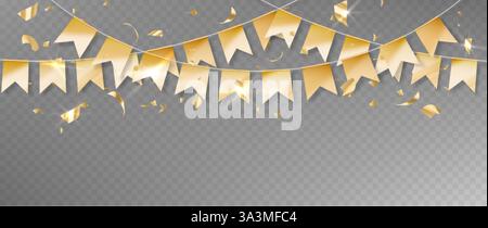 Golden flags and streamer isolated on transparent background. Vector realistic illustration of shiny yellow paper bunting garland with triangular penn Stock Vector