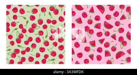 Seamless pattern of ripe watermelon, cherries with fresh raspberries, green stems and leaves on light background. Sweet berries scattered - decorative Stock Vector