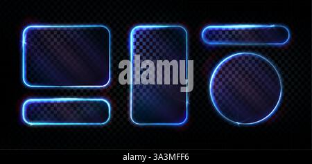 Neon light frames set with glowing blue borders on transparent background. Glass effect geometric shapes - rounded rectangle, circle with luminous edg Stock Vector