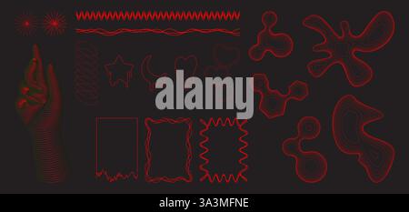 Abstract y2k grid shapes set isolated on black background. Vector illustration of neon red retro wave wireframe star, moon, heart, spiral, human hand Stock Vector