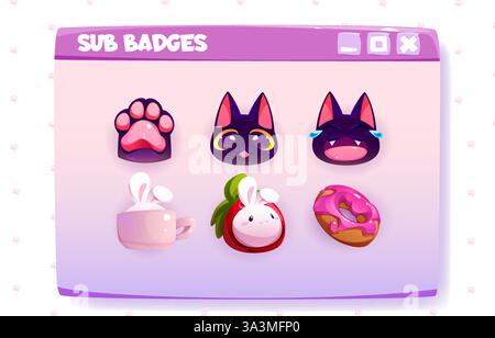 Stream subscriber badges set - black cat emotions with paw print, teacup bunny, strawberry rabbit mascot, glazed donut icons. Pink and purple channel Stock Vector