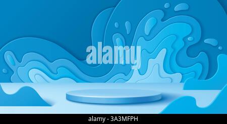 Abstract 3d blue paper cut splash background with geometric shapes and round podium or pedestal. Modern colorful layered papercut decoration for adver Stock Vector