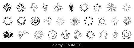 Crayon scribble firework explosion doodles set with hand drawn bursts and sparks in black ink style. Simple sketched festive celebration elements and Stock Vector