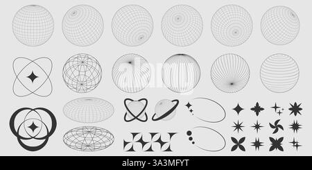 Collection of vector globe shapes and 90s style retro graphic elements - stars and circles, planets and spheres. Assets for futuristic y2k designs or Stock Vector