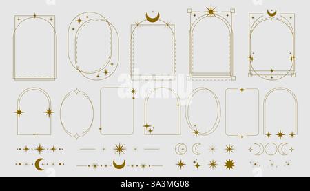 Y2k gold frames with cosmic elements - stars, moons and sparkles. Elegant borders in arch, rectangle and oval shapes. Minimal line text boxes for myst Stock Vector