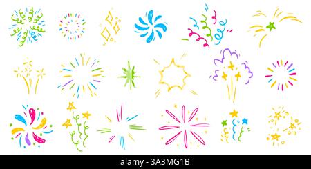 Crayon and scribble firework set of festive elements - doodle bright bursts, sparkling stars, swirls and glowing flashes. Hand drawn celebration desig Stock Vector