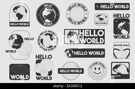 Y2k globe stickers with Hello World text in different layouts - circular, rectangular and square. Monochrome Earth illustrations on grid surface. Mini Stock Vector