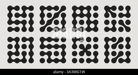 Metaball geometric pattern set of abstract rounded shapes - black minimalist squares with flowing organic connections and circular elements. Modern de Stock Vector