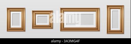 Wooden picture frames mockup set in different sizes with white matte border mounts on light wall. Realistic classic brown rectangular borders collecti Stock Vector