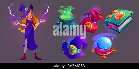 Witch and Halloween accessories set isolated on black background. Vector cartoon illustration of female character laughing, magic fortunetelling ball, Stock Vector