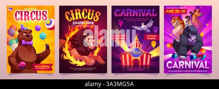 Cartoon circus posters set with performing animal characters - juggling bear, fiery lion jump, carnival tent, tiger with skateboarding gorilla and hor Stock Vector
