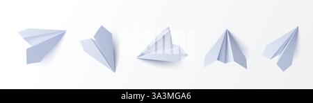 Paper plane 3d models in different angles on white background. Realistic light blue origami aircrafts. Clean minimal folded sheet objects for educatio Stock Vector