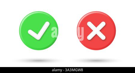 Realistic green check mark and red cross mark 3d icon buttons. Vector circle checkmark objects shape Stock Vector