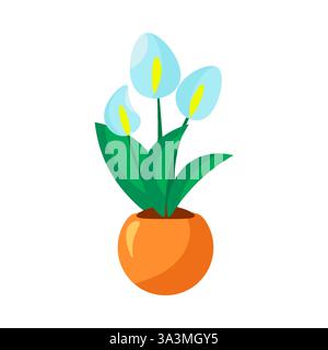 Flower pot with blue flowers and green leaves in orange pot. Vector plant object isolated on white Stock Vector