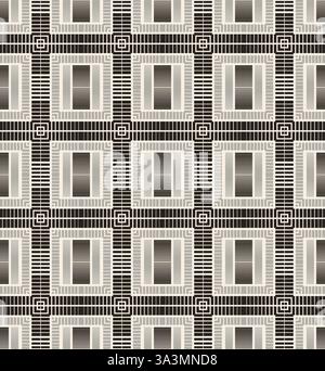Black grey striped rectangles seamless pattern on beige background. Geometric striped shapes as narrow windows. Pattern for textile, wrapping, banner. Stock Vector