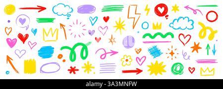 Pencil brush shape line element set. Hand drawn sketch doodle crayon kid chalk texture color element arrow,.heart, crown shape. Chalk pencil brush texture background. Vector illustration Stock Vector