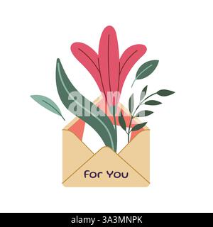 Envelope with lily flowers. Hello spring concept. Summer Letter. Vector illustration, flat design. Flowers bouquet in envelope. Hand drawn trendy icon Stock Vector