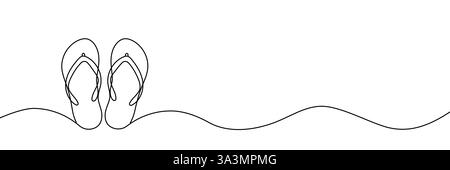 Flip flops continuous one line drawing, single line art element, minimalist sketch line vector illustration, summer travel holiday concept. Hand drawn Stock Vector