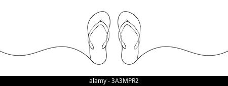 Flip flops continuous one line drawing, single line art element, minimalist sketch line vector illustration, summer travel holiday concept. Hand drawn Stock Vector