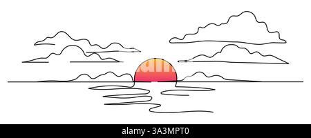 Sunset one line sketch. Continuous doodle art hand drawn drawing, simple linear sunrise over sea illustration. Editable stroke. Stock Vector