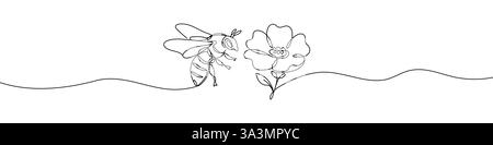 Continuous one line drawing of flaying bee and flower. Hand drawn Editable stroke vector illustration Stock Vector