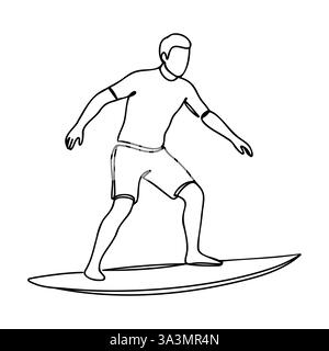 One continuous line drawing of professional man surfer in action riding waves on blue ocean. Hand drawn Editable stroke. Stock Vector