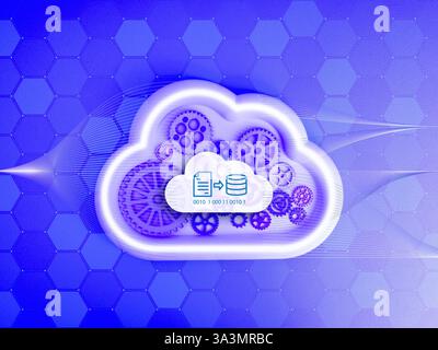 Data migration solutions,information transfer management, online storage connection technology concept. Digital data icon on cloud with many gears and Stock Photo