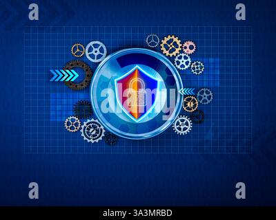 Lock icon on shield, digital padlock on round chrome with many gears on net grid pattern, dark blue background as digital cyberspace, network connecti Stock Photo