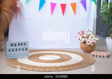 View of Easter decorations. Veranda by the house is decorated, fabric and flags Stock Photo