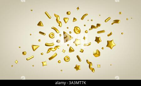 3d confetti pattern with floating gold stars, circles, triangles, rings, curved ribbons and geometric shapes. Realistic abstract celebratory decorative elements for festive designs. Stock Vector