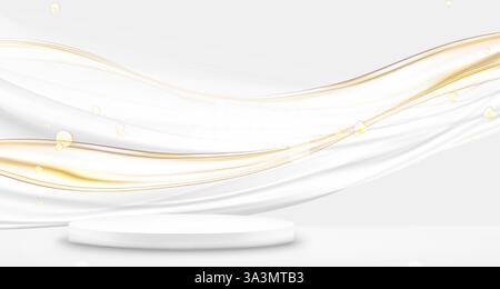 Gold smooth flowing lines and white round pedestal podium set on light background. Abstract curved glossy golden stripes, soft gradients, minimal geometric design elements. 3d luxury product display. Stock Vector