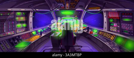 Spaceship cockpit interior with control panel. Vector cartoon illustration of space shuttle dashboard with computer displays and buttons, dark cosmos and stars seen in windows, exploration mission Stock Vector