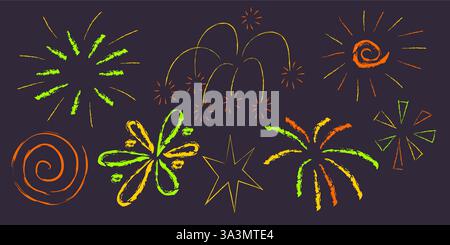 Crayon firework doodle set - hand drawn colorful burst shapes, spiral and firecracker silhouettes. Childlike sketchy stars, festive explosions on dark background. Holiday celebration design elements. Stock Vector