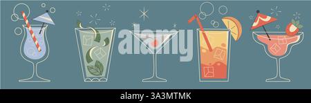 Retro cocktail glasses with garnishes - mint leaves, citrus, cherries and ice cubes. Stylized line art with geometric stars, circles and sparkles. Vintage inspired vector illustration of drinks. Stock Vector