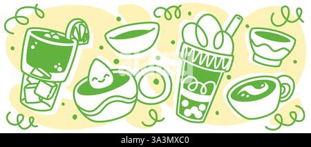 Matcha drinks illustration - green tea powder bowl, iced latte glass, hot beverage cups, doodle vector with cubes, straw, decorative elements for healthy Japanese tea, organic cafe menu, latte design. Stock Vector