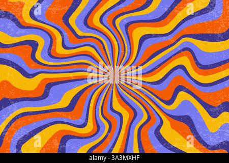 Retro background with spiral bright sunburst. Vector swirl textured radial pattern with rays. Vintage abstract wavy purple and orange striped vortex Stock Vector