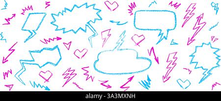 Crayon drawing speech buble set with graffiti style hearts and arrows. Collection of hand drawn chalk elements with grafitti symbols of love. Acid Stock Vector