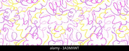 Seamless pattern with doodle chalk lines. Modern violet orange stroke squiggles drawn by wax pencil on black blackboard. Funny colorful wallpaper Stock Vector