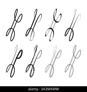 Scissors variations set. Abstract cutting symbols. Thin and bold lines. Black white contrast. Stock Vector