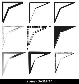 Corner frame set. Sharp angle design. Decorative border shapes. Minimalist black outline. Stock Vector
