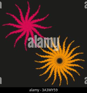 Vibrant spiral bursts. Pink orange flares. Abstract black background. Vector festive display. Stock Vector