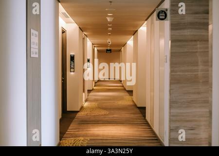 Hotel hallway featuring a long corridor with a carpeted floor. The design includes recessed lighting, creating a perspective view of the interior arch Stock Photo