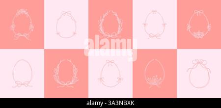 Geometric Easter pink background. Egg shape frames set. Coquette girly flirtatious hand drawn vector illustration. Cute line doodle sketch. Botanical Stock Vector
