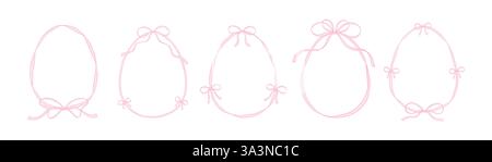Set of cute filigree bow ribbon whimsical wavy borders. Easter egg pink hand drawn border collection. Coquette style doodle drawing. Vintage victorian Stock Vector