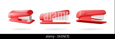 3D set of red plastic stapler isolated on white. Stock Vector