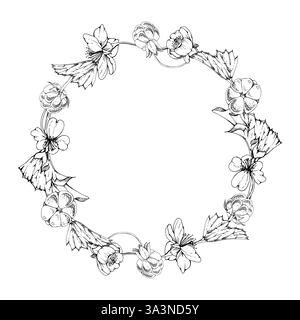 Cloudberry raspberry with white flowers, hand drawn vector ink, ripe Scandinavian forest berry on stems. Isolated botanical wreath crown frame Stock Vector