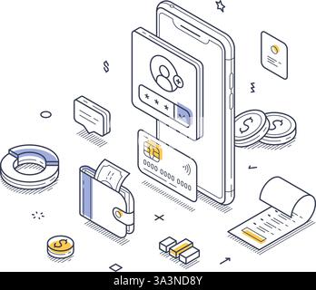 Mobile banking concept. Line art illustration features a mobile device at the center, displaying user details and transaction options. Vector illustra Stock Vector